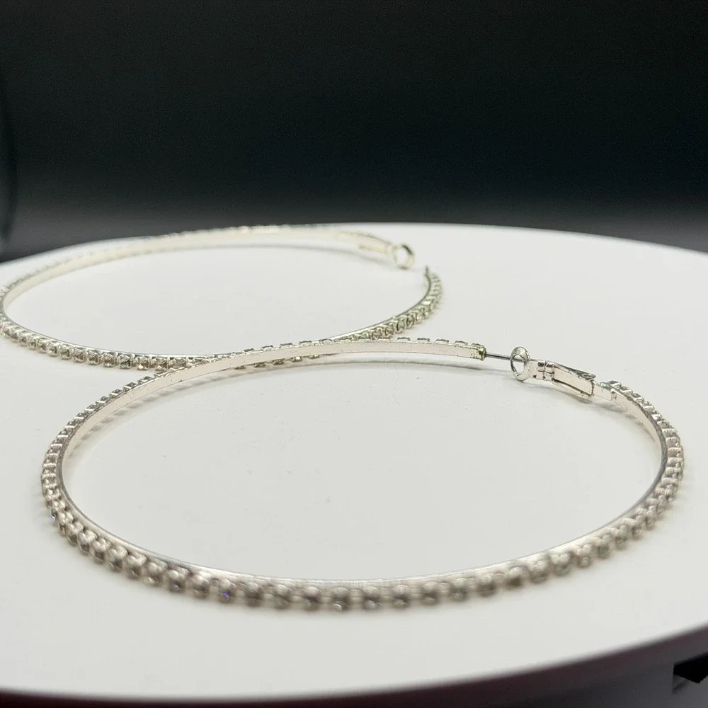 Large Rhinestone Hoop Earrings Silver Tone Sparkly Statement Y2K Party Gift